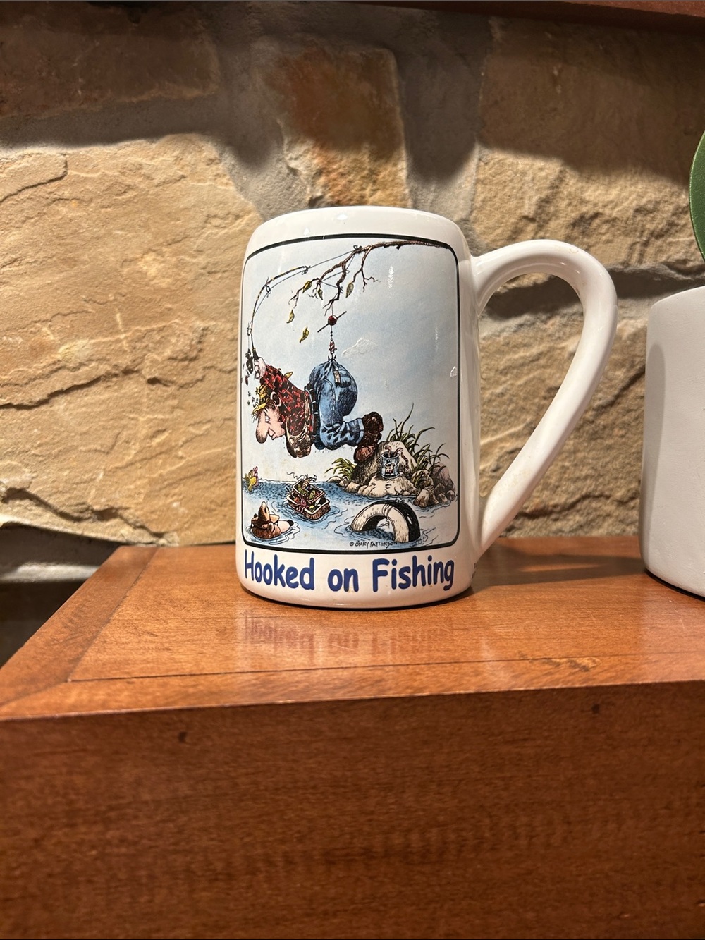 White "Hooked on Fishing" Ceramic Coffee Mug Gary Patterson Vintage Dad core